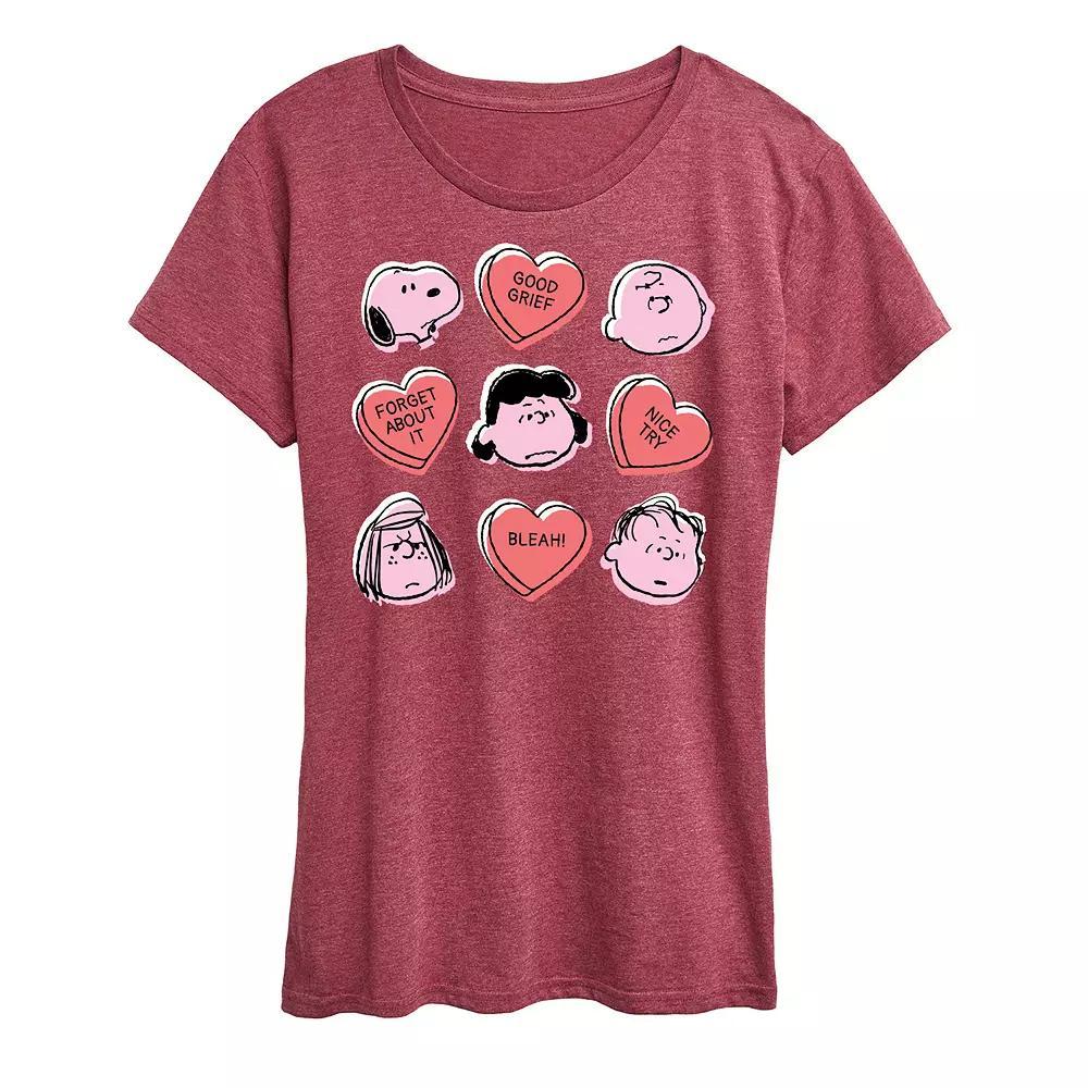 Women's Peanuts Valentine's Candy Heart Grid Graphic Tee, Size: Medium, Grey Wine Product Image