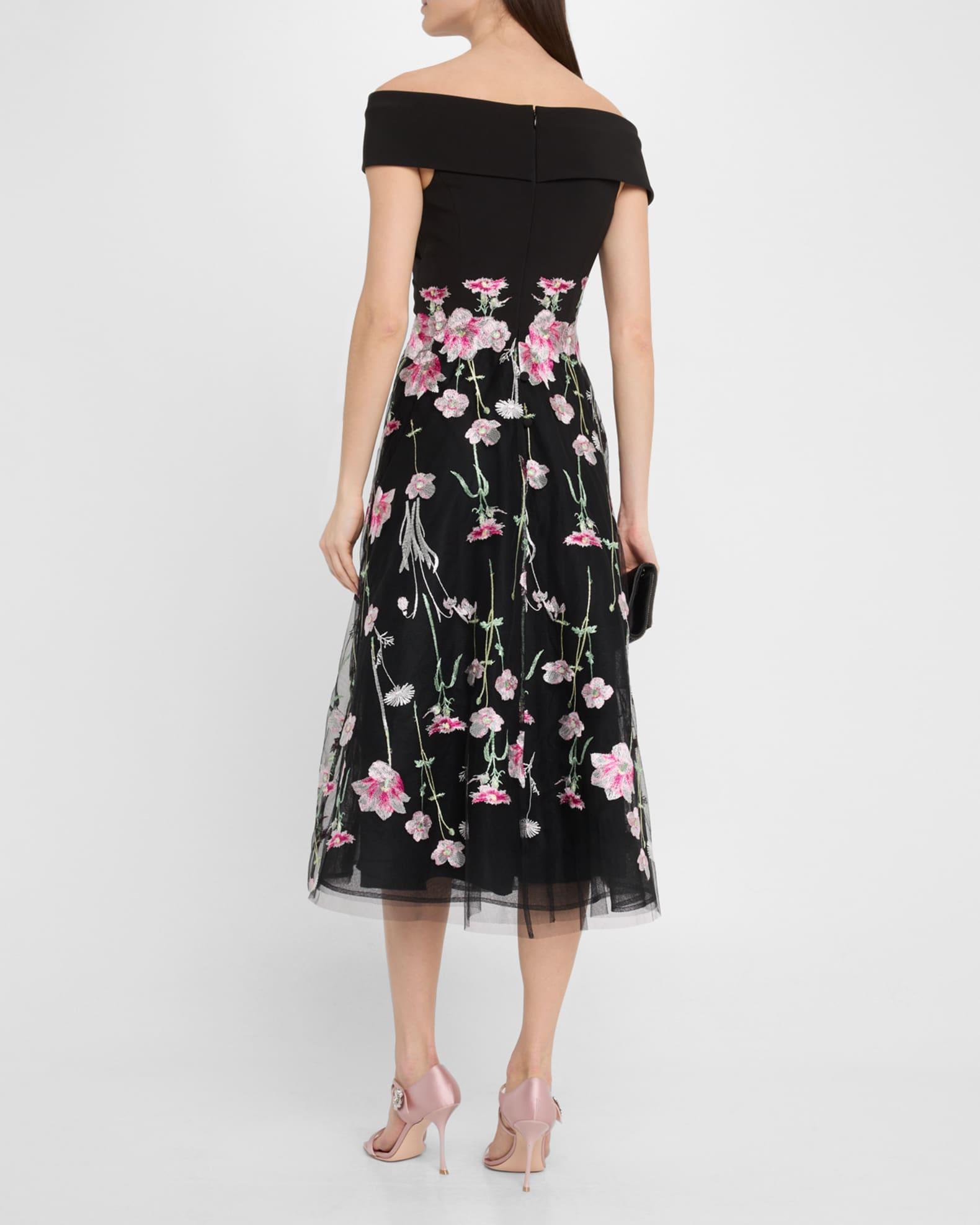Off-Shoulder Embroidered Tulle Midi Dress Product Image