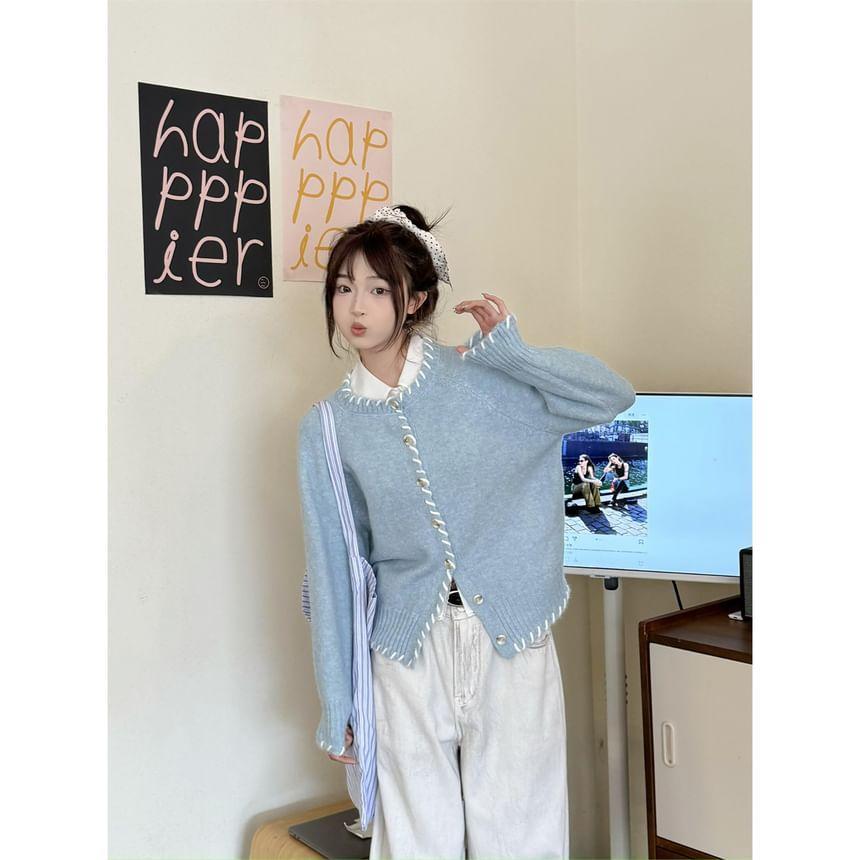 Round Neck Melange Contrast Stitching Cardigan Product Image