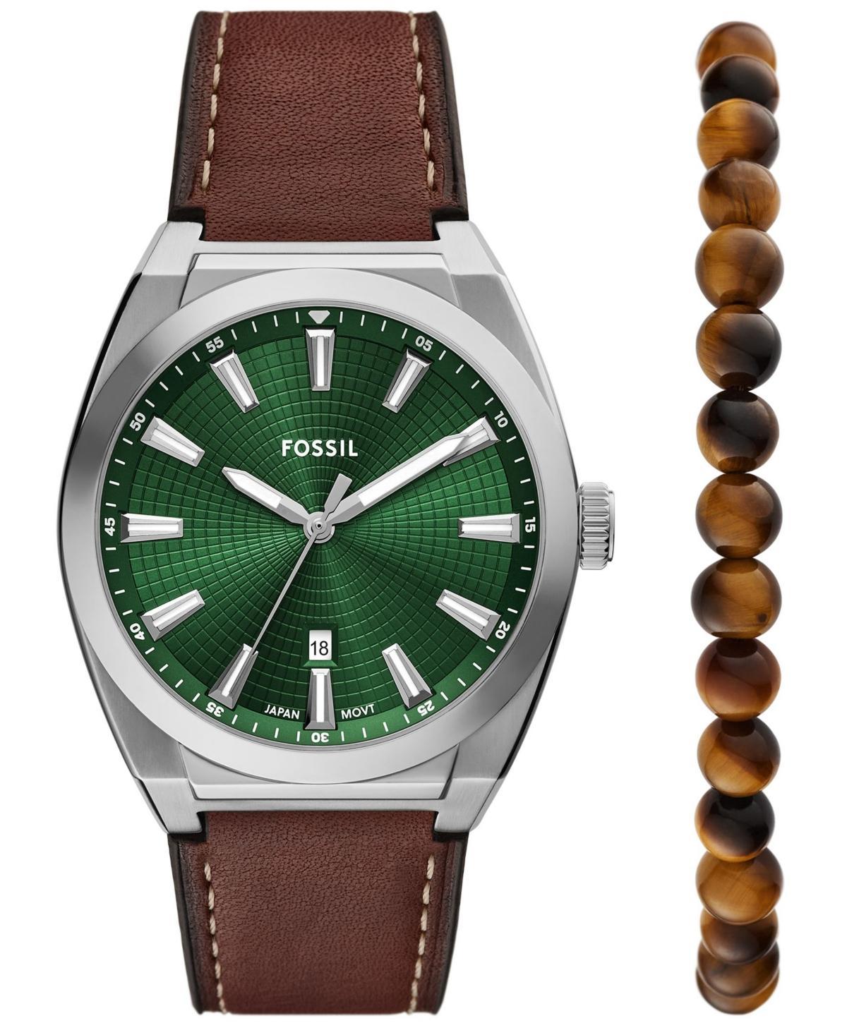 Fossil Mens Everett Three-Hand Brown Leather Strap Watch and Bracelet Set Product Image