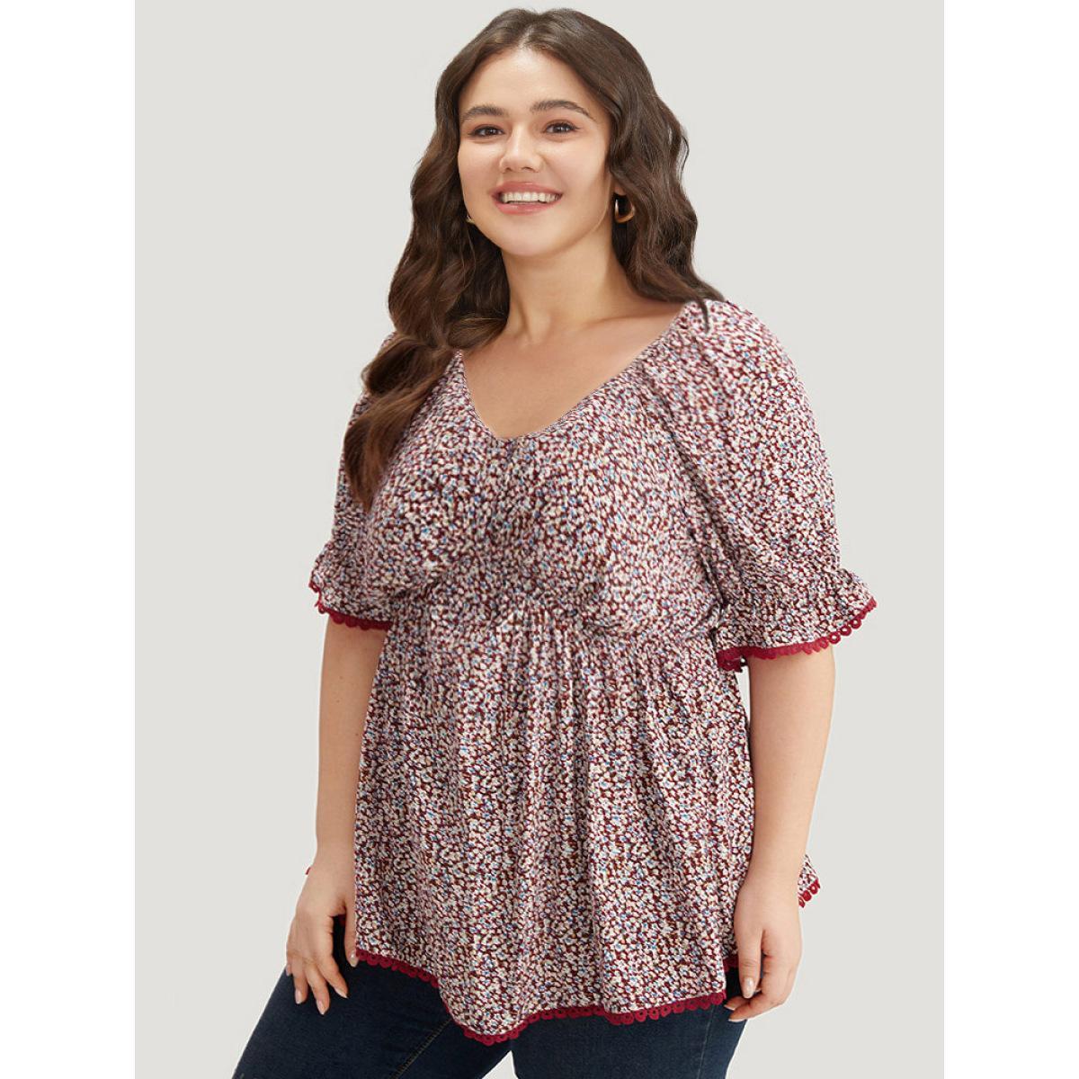 Plus Size Scarlet Ditsy Floral Ruched V Neck Lace Patchwork Blouse Women Elegant Half Sleeve V-neck Dailywear Blouses BloomChic 26/4X Product Image