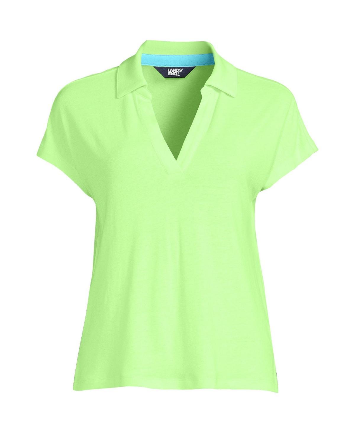Women's Lands' End Linen Blend Johnny Collar Polo Shirt, Size: Medium, Brown Breton Stripe Product Image