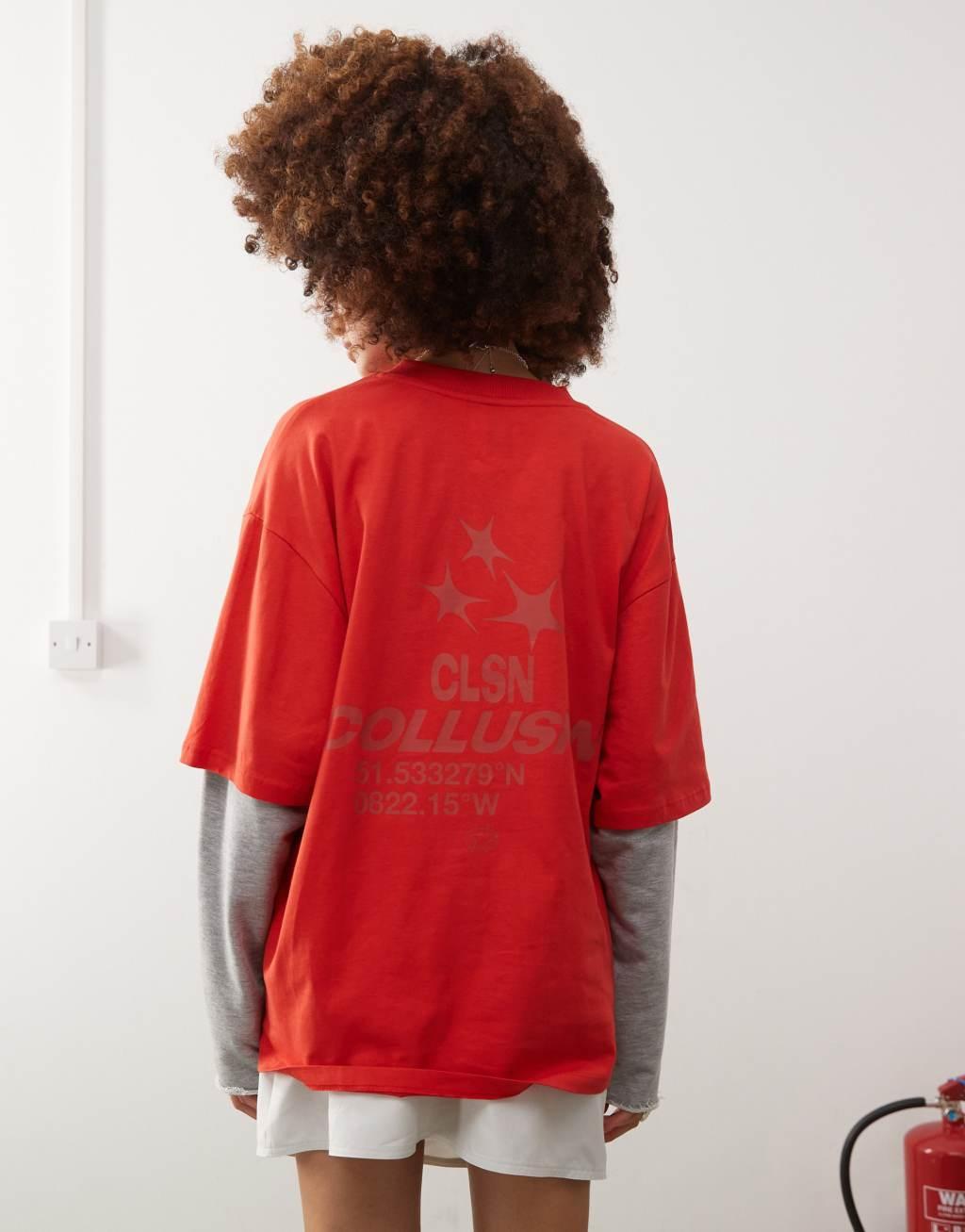COLLUSION double layer sweat sleeve skate t-shirt in red Product Image