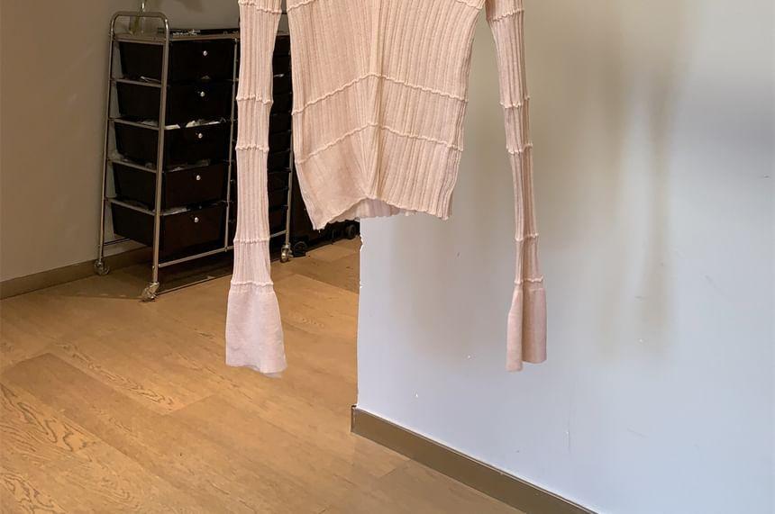Long Sleeve Open Placket Plain Ribbed Knit Polo Top Product Image