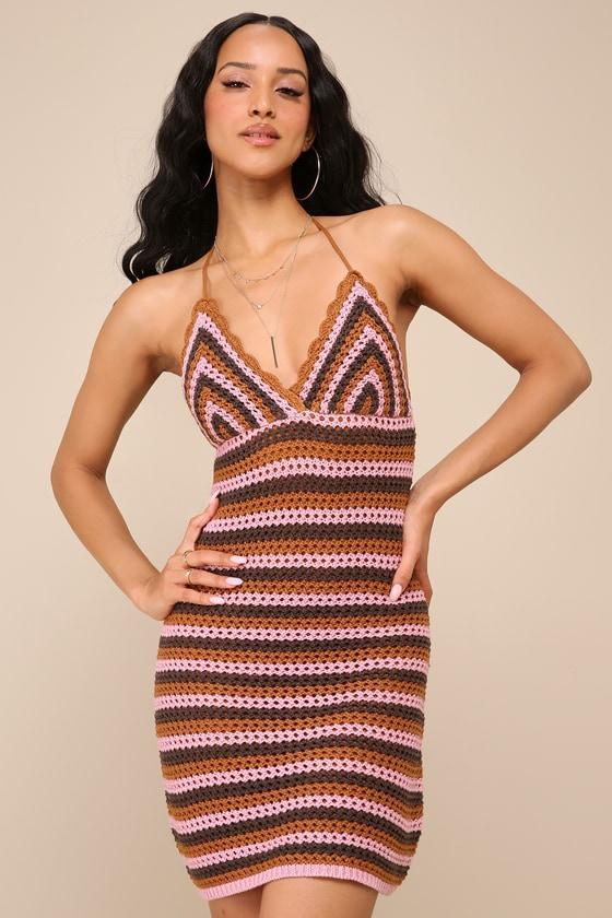 Festival Cutie Brown and Pink Striped Crochet Halter Mini Dress Product Image