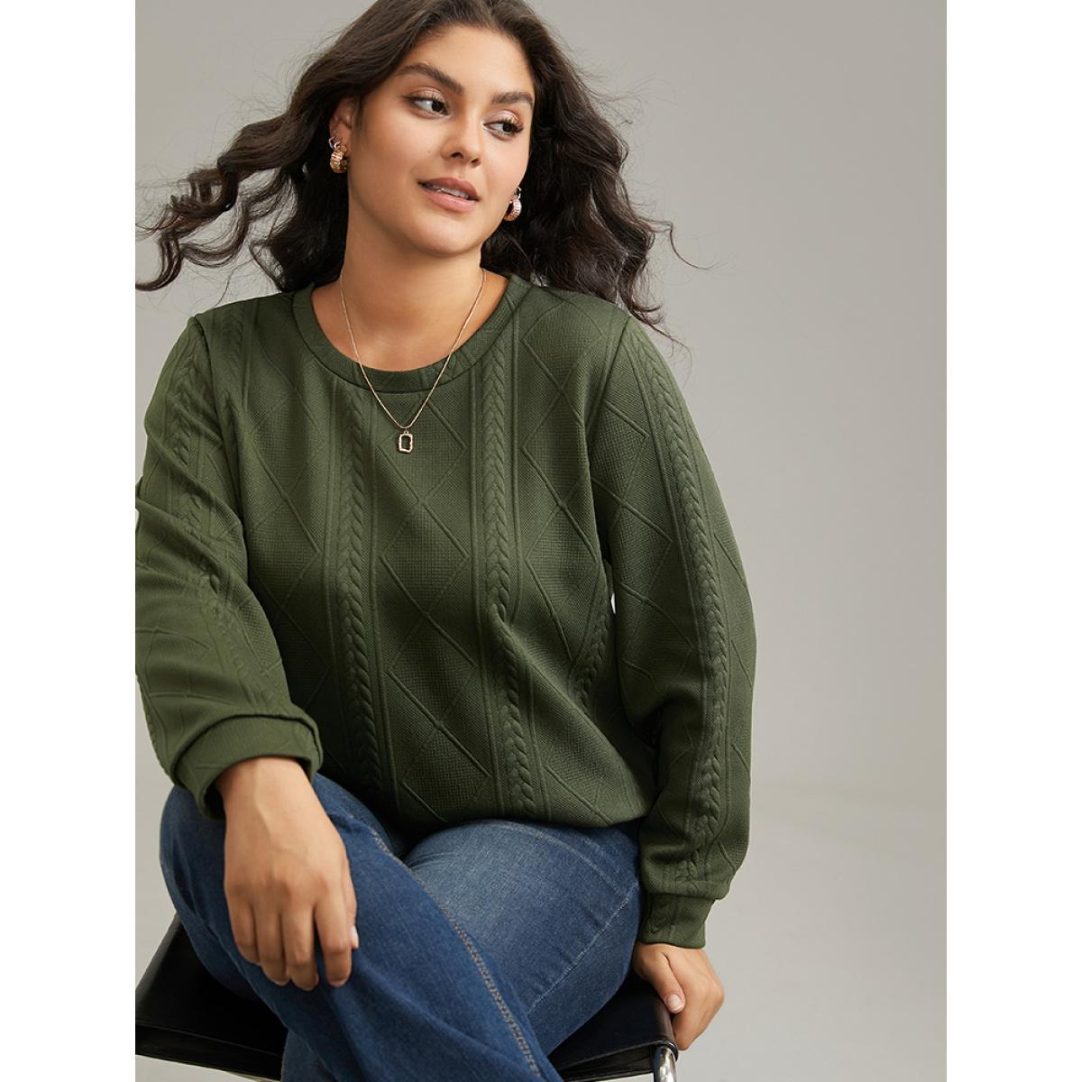 Plus Size Plain Textured Round Neck Sweatshirt Women ArmyGreen Casual Non Round Neck Everyday Sweatshirts BloomChic 18-20/2X Product Image