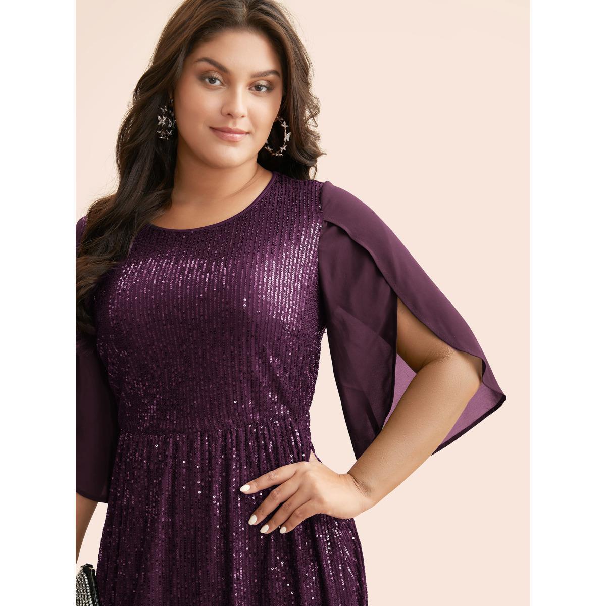 Plus Size Sequin Mesh Patchwork Petal Sleeve Dress Deeppurplered Women Cocktail Overlapping Party Curvy Bloomchic 26/4X Product Image