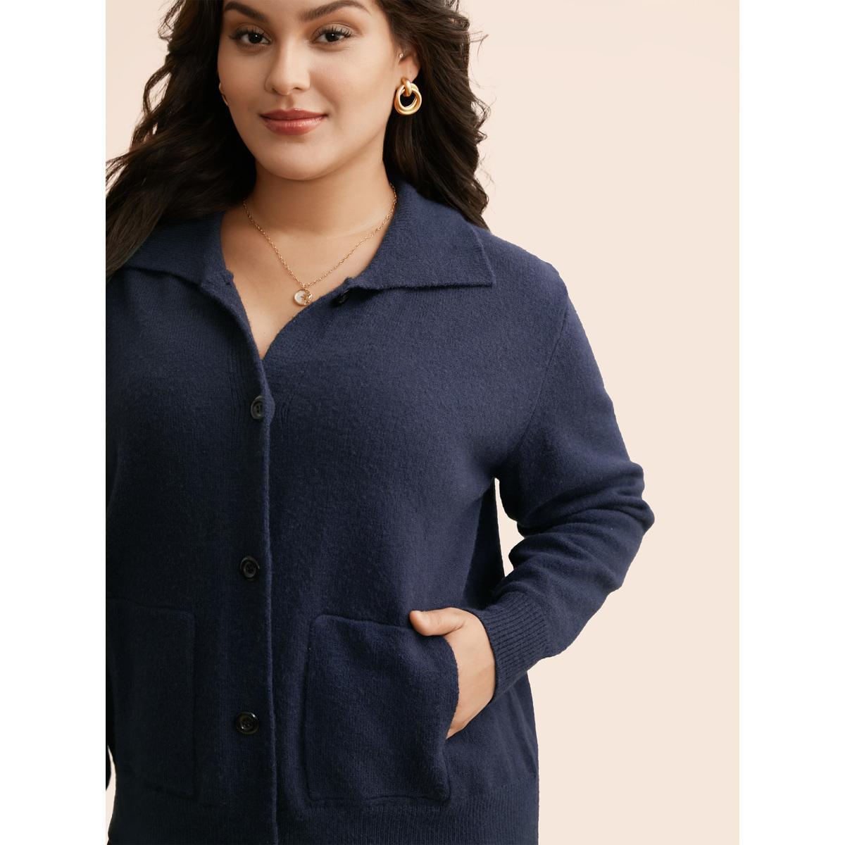 Plus Size Plain Patched Pocket Button Up Cardigan Indigo Women Elegant Loose Long Sleeve Everyday Cardigans BloomChic 12/L Product Image