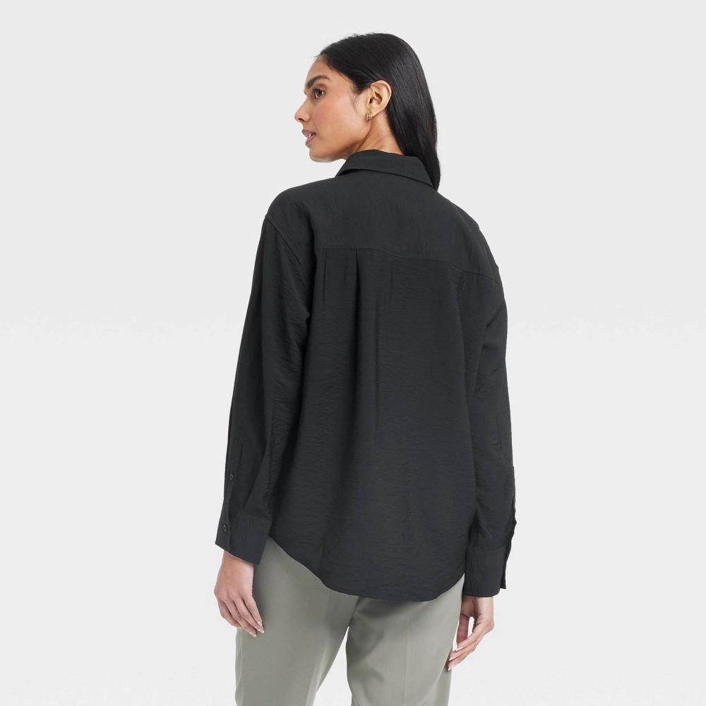 Women's Oversized Long Sleeve Crinkle Button-Down Shirt - A New Day™ Black L: Lightweight Rayon-Nylon Blend, Front Placket Product Image