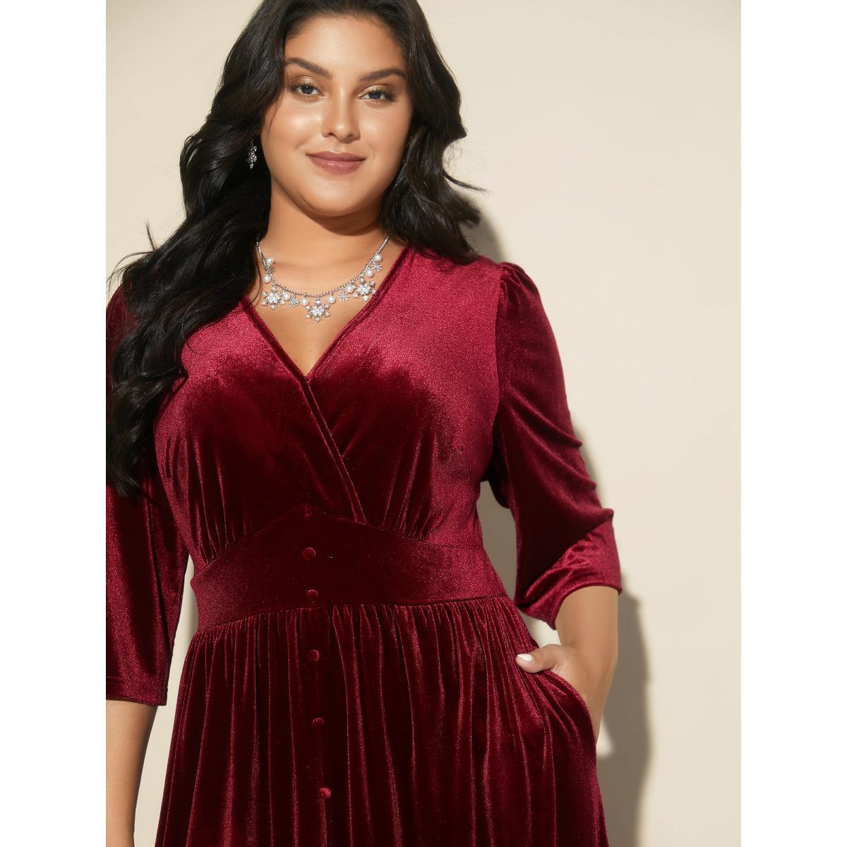 Plus Size Velvet Ruched Surplice Neckline Midi Dress Teal Women Cocktail Texture Party Curvy Bloomchic 18-20/2X Product Image