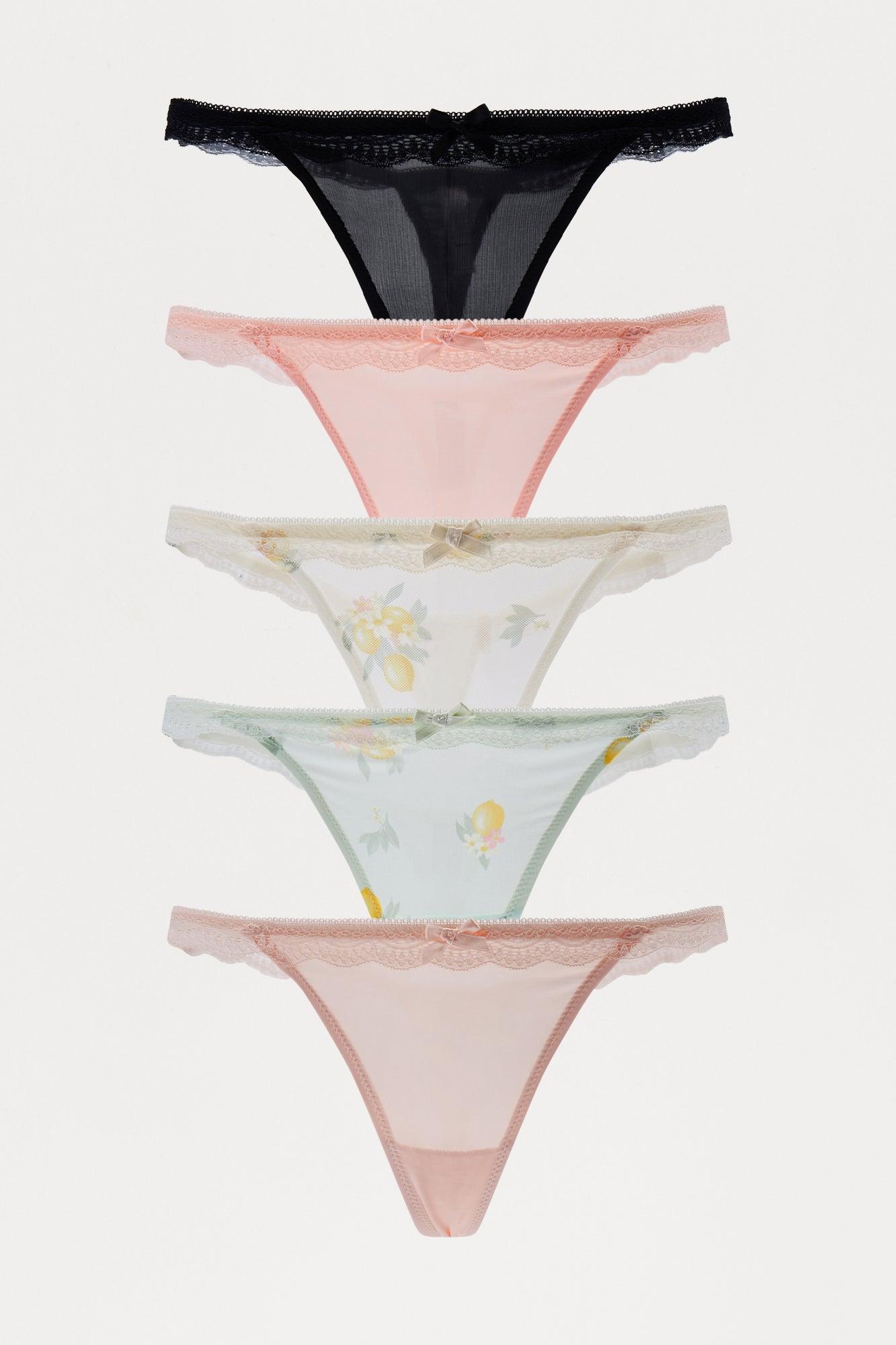 Sweet Cheeks Lace And Mesh 5 Pack Thong Panties - Cream/combo Product Image
