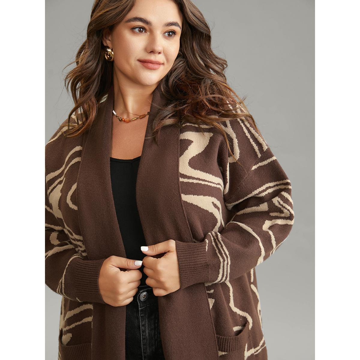 Plus Size Supersoft Essentials Water Ripple Pocket Cardigan DarkBrown Women Casual Loose Long Sleeve Dailywear Cardigans BloomChic 10/M Product Image
