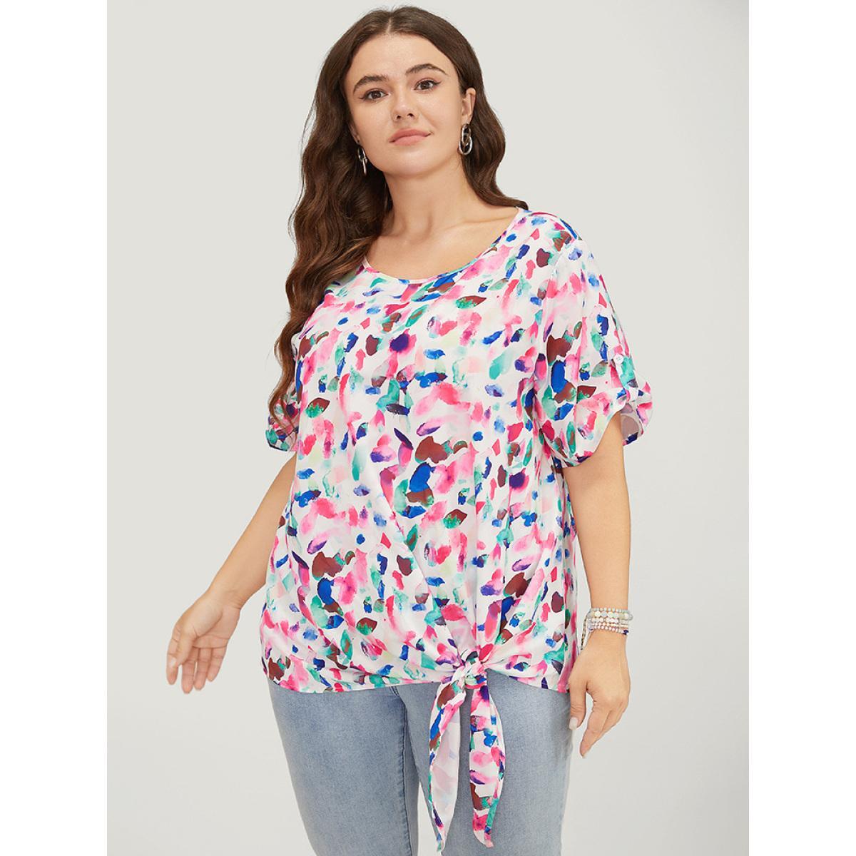 Plus Size Multicolor Allover Print Contrast Knotted Hem Cuffed Sleeve Blouse Women Elegant Short sleeve Round Neck Dailywear Blouses BloomChic 28/5X Product Image