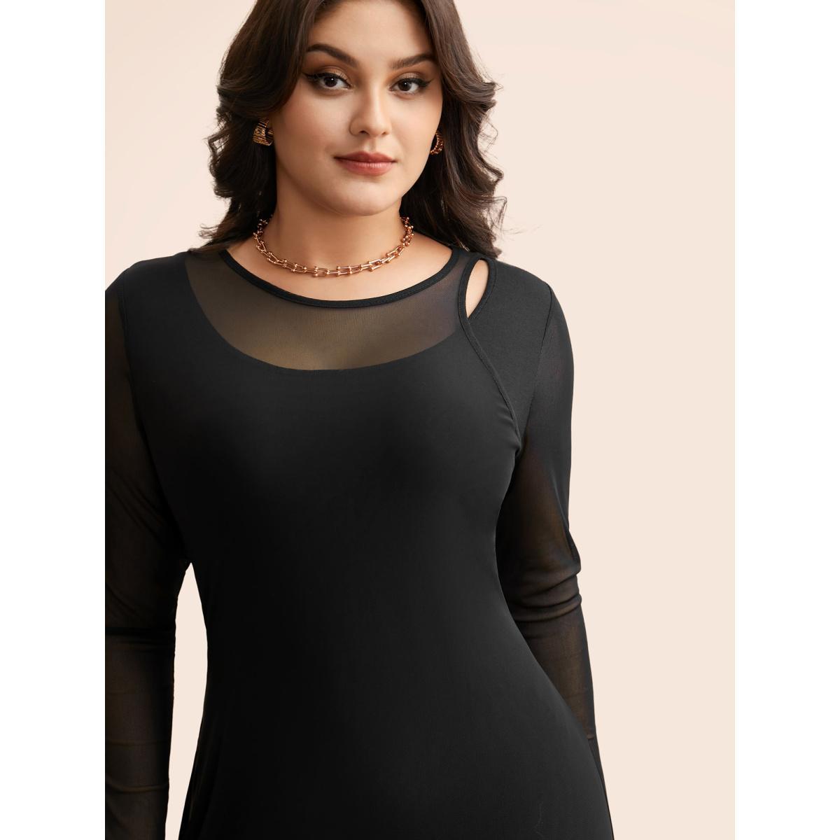 Plus Size Crew Neck Patchwork Mesh Split Hem Dress Black Women Elegant See through Round Neck Long Sleeve Curvy BloomChic 28/5X Product Image