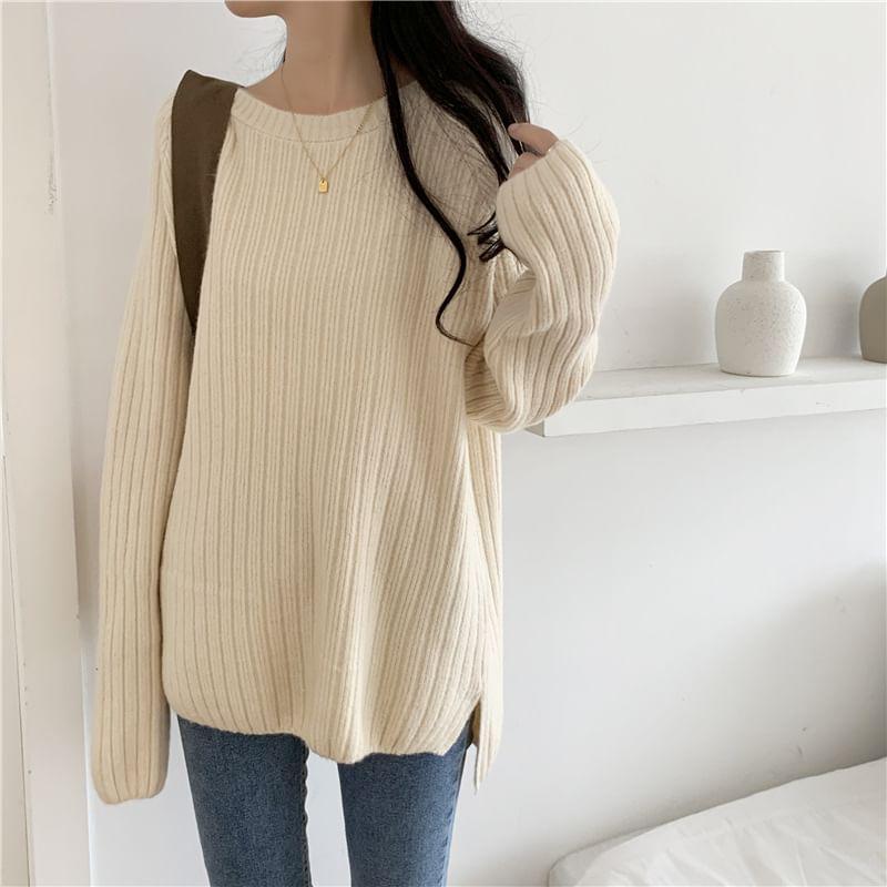 Crew Neck Plain Slit Sweater Product Image