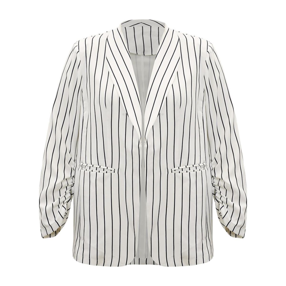 Plus Size Striped Pocket Gathered Lapel Collar Blazer White Women Work Striped Gathered Sleeve Long Sleeve Lapel Collar 18-20/2X Pocket Office Blazers BloomChic Product Image