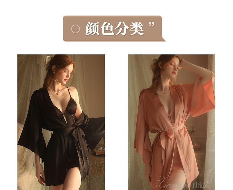 Front Closure Lace Panel Slip Dress / Thong / Robe / Sash / Set Product Image
