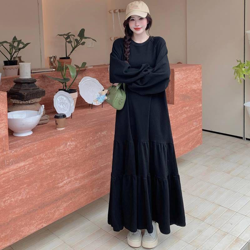 Long Sleeve Round Neck Ruffle Hem Plain Maxi Dress Product Image