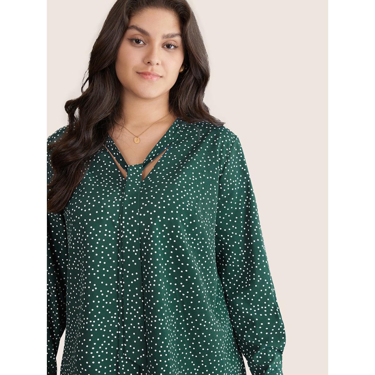 Plus Size Cyan Polka Dot V Neck Ties Knot Blouse Women Office Long Sleeve V-neck Work Blouses BloomChic 12/L Product Image