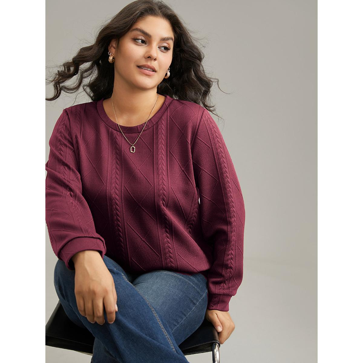 Plus Size Plain Textured Round Neck Sweatshirt Women Burgundy Casual Non Round Neck Everyday Sweatshirts BloomChic 12/L Product Image