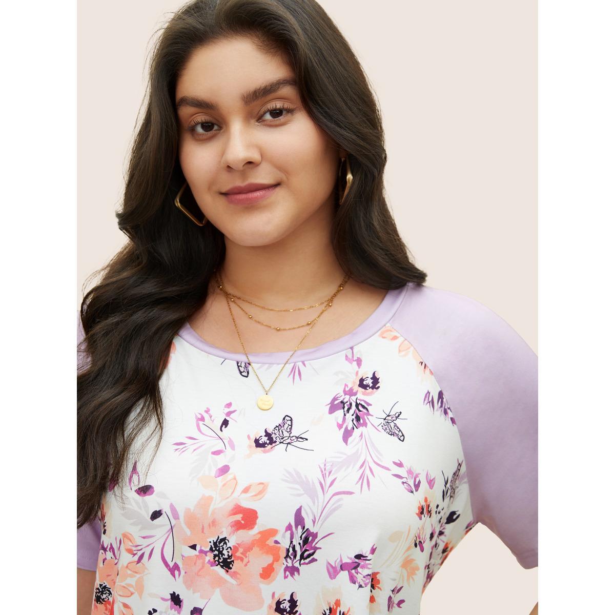 Plus Size Floral & Butterfly Print Raglan Sleeve T-shirt Lilac Women Elegant Patchwork Floral Round Neck Everyday T-shirts BloomChic 18-20/2X Product Image