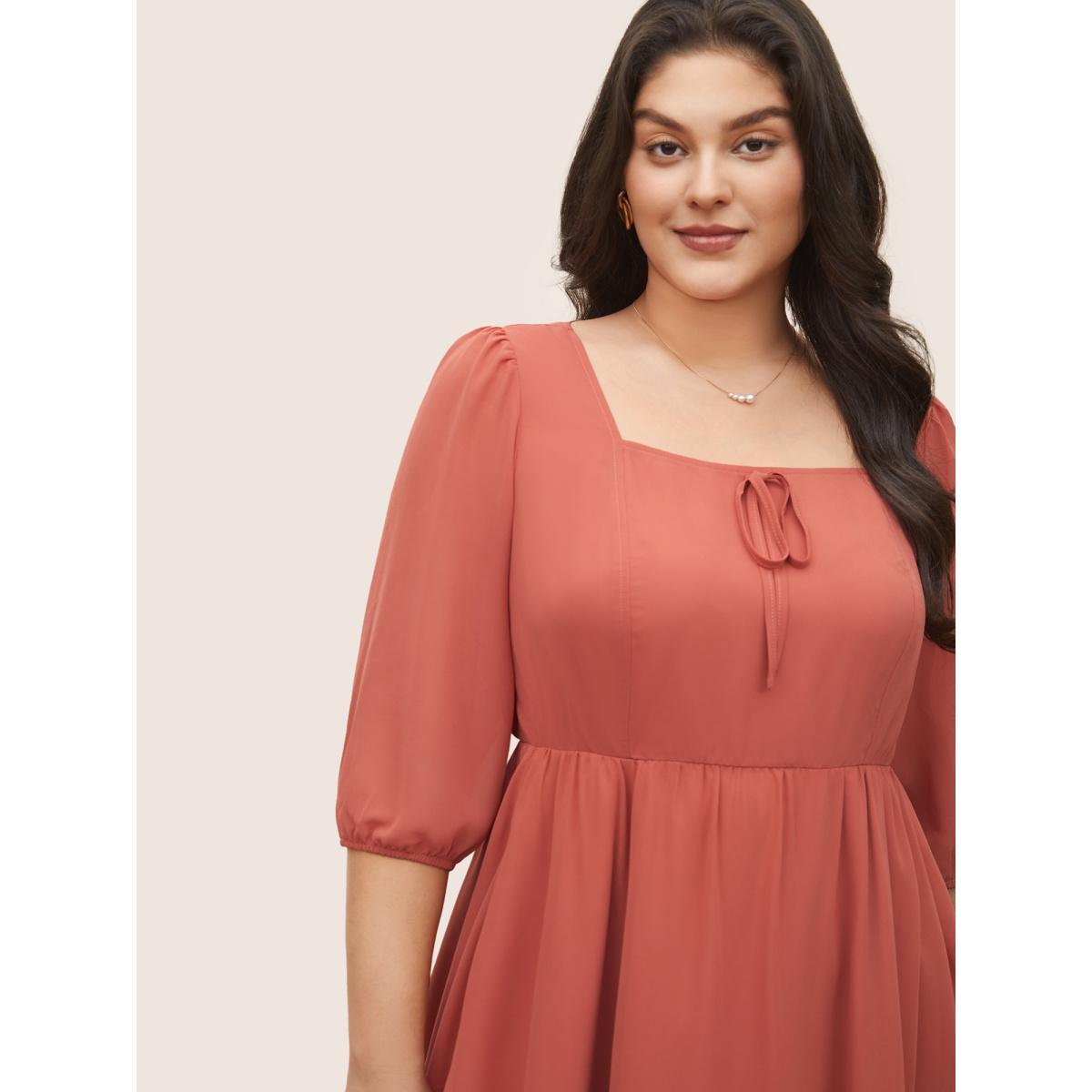 Plus Size Chiffon Plain Ties Knotted Lantern Sleeve Dress Coral Women Elegant Non Square Neck Elbow-length sleeve Curvy Midi Dress BloomChic 14-16/1X Product Image