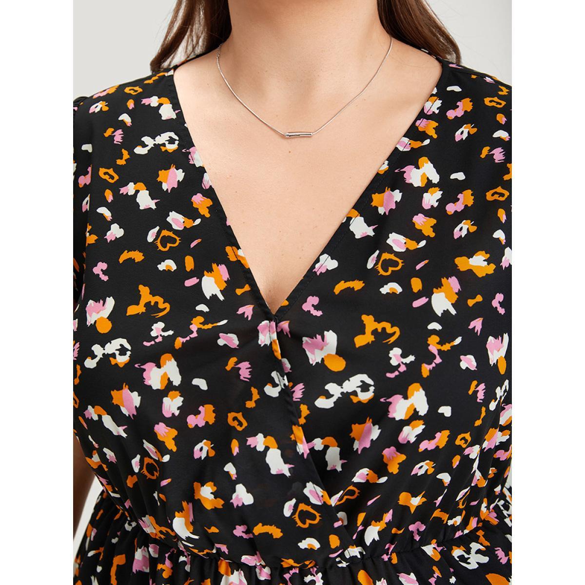 Plus Size Colour Leopard Print Wrap Elastic Waist Ruffle Hem Dress Black Women Elegant Elastic Waist V-neck Short sleeve Curvy Midi Dress BloomChic 12/L Product Image