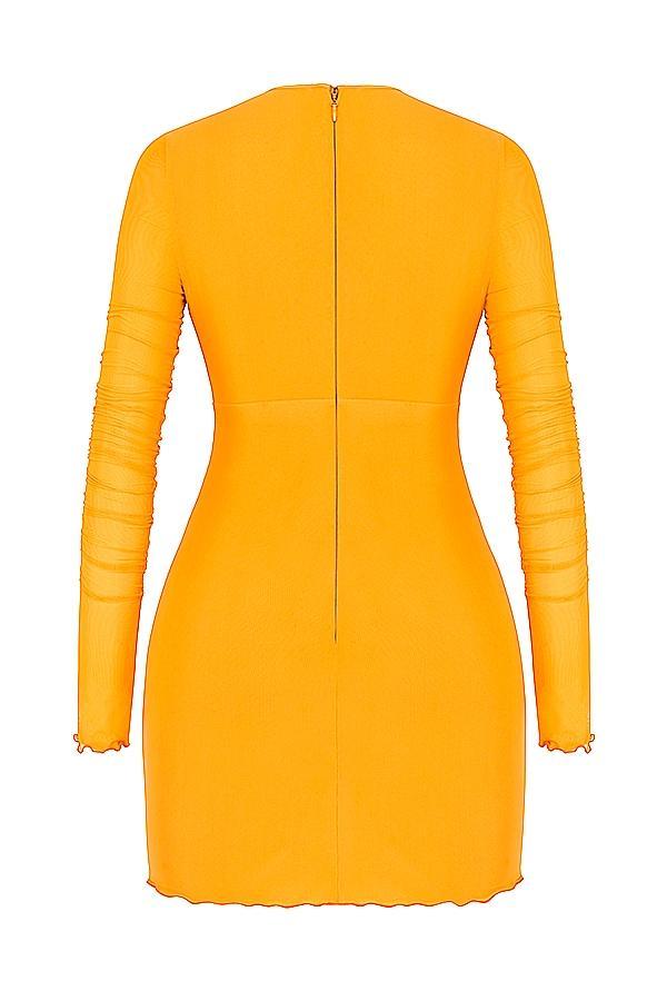 Jeanelle  orange ruched mesh long sleeve cutout mini dress - sale Product Image