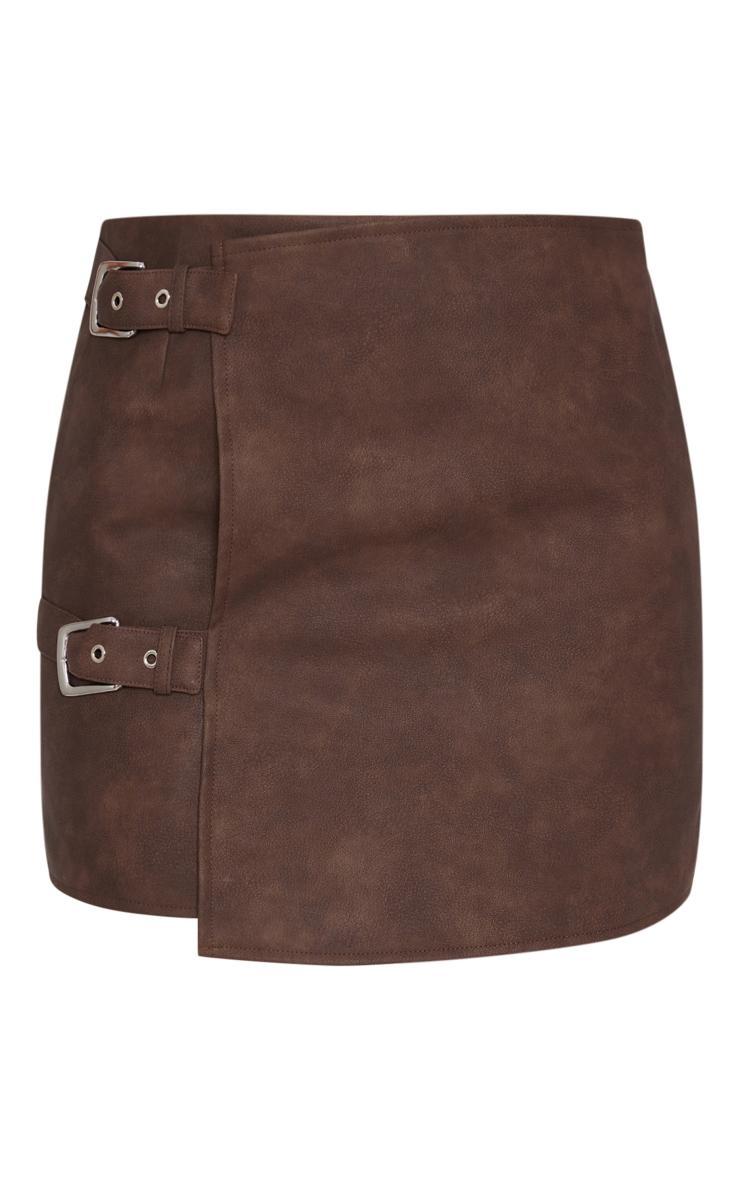 Tall Washed Brown Faux Leather Buckle Detail Mini Skirt Product Image
