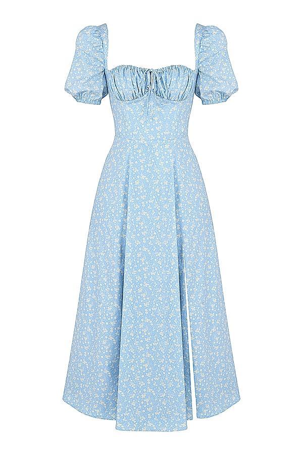 Tallulah Blue Ivory Floral Puff Sleeve Midi Dress Product Image