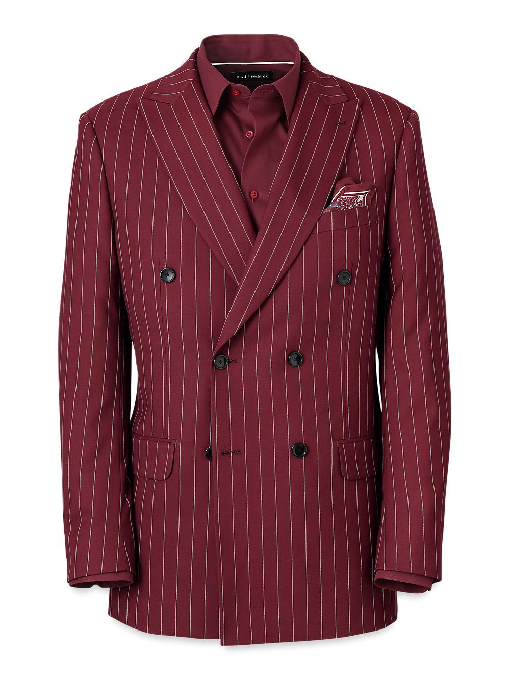 Wool Stretch Stripe Double Breasted Suit Jacket - Burgundy Product Image