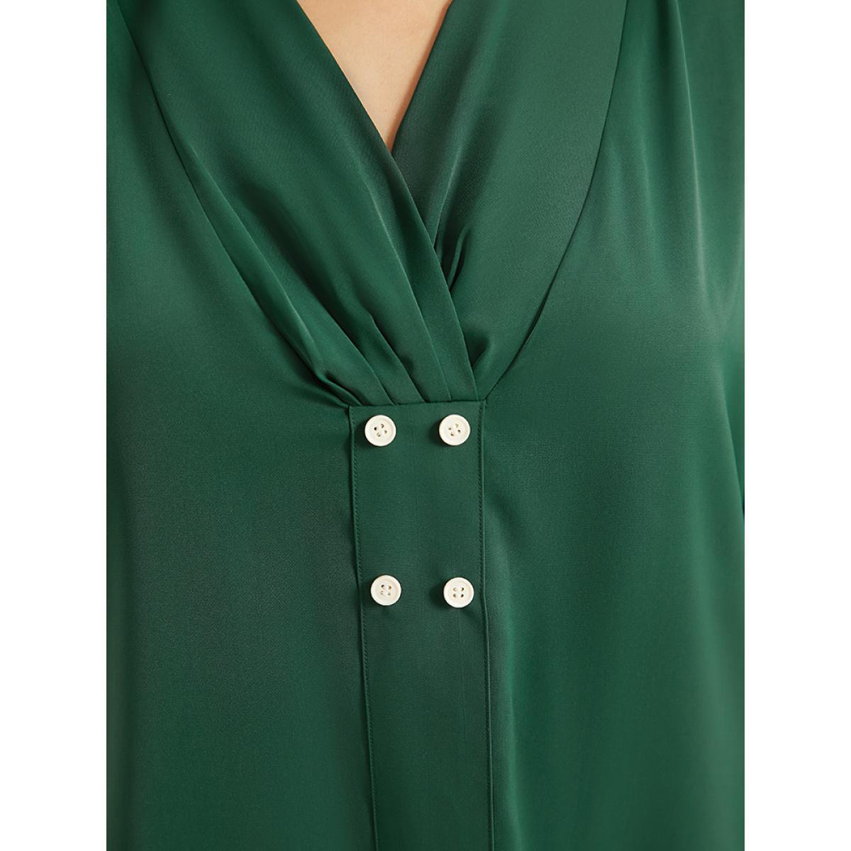 Plus Size DarkGreen Button Detail Plicated Detail Blouse Women Office Half Sleeve V-neck Work Blouses BloomChic 18-20/2X Product Image