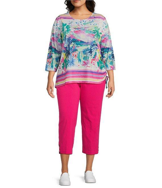 Allison Daley Plus Size Embellished Watercolor Tropics Print 3/4 Sleeve Crew Neck Ruched Side Tie Hem Knit Top Product Image