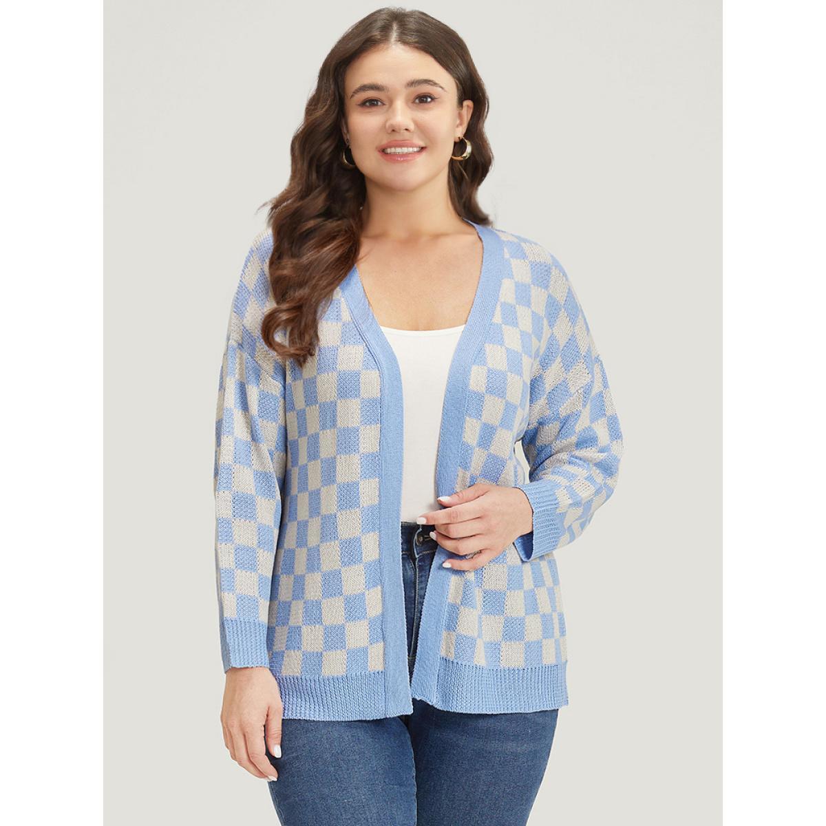 Plus Size Plaid Print Open Front Elastic Cuffs Cardigan LightBlue Women Casual Loose Long Sleeve Dailywear Cardigans BloomChic 30/6X Product Image