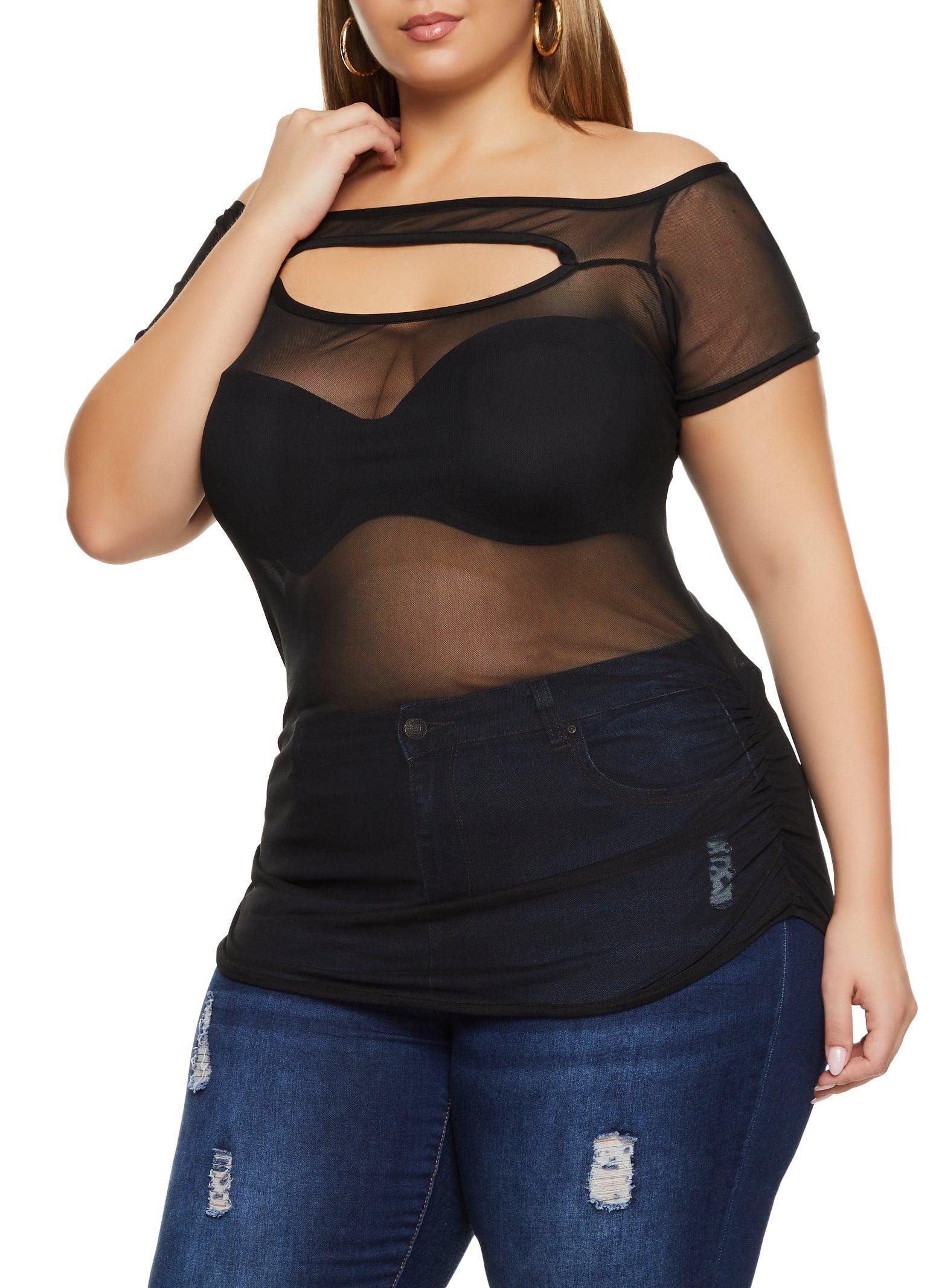 Womens Plus Size Mesh Keyhole Off the Shoulder Top Product Image