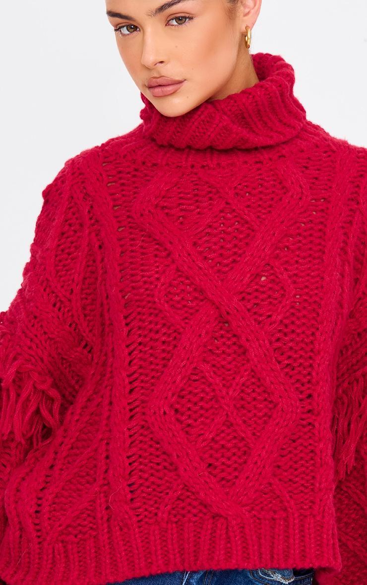 Red Cable Knit Tassel Detail Roll Neck Sweater Product Image