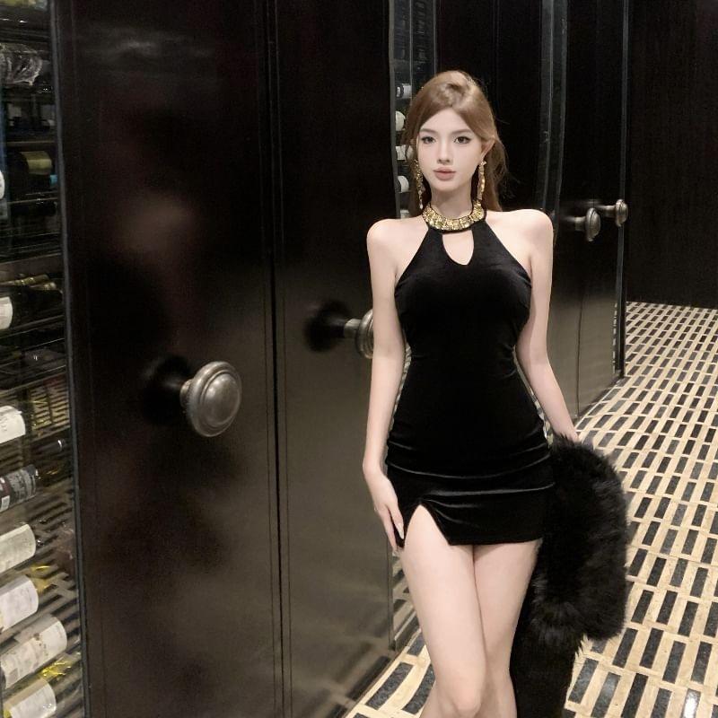 Halter Neck Sequined Slit Mini Bodycon Dress Product Image