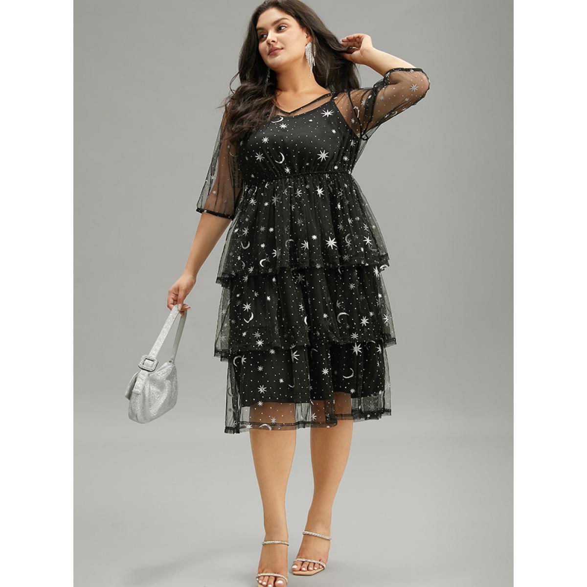 Plus Size Crochet Lace Mesh Moon & Star Dress Black Women Cocktail See through V-neck Elbow-length sleeve Curvy Midi Dress BloomChic 28/5X Product Image