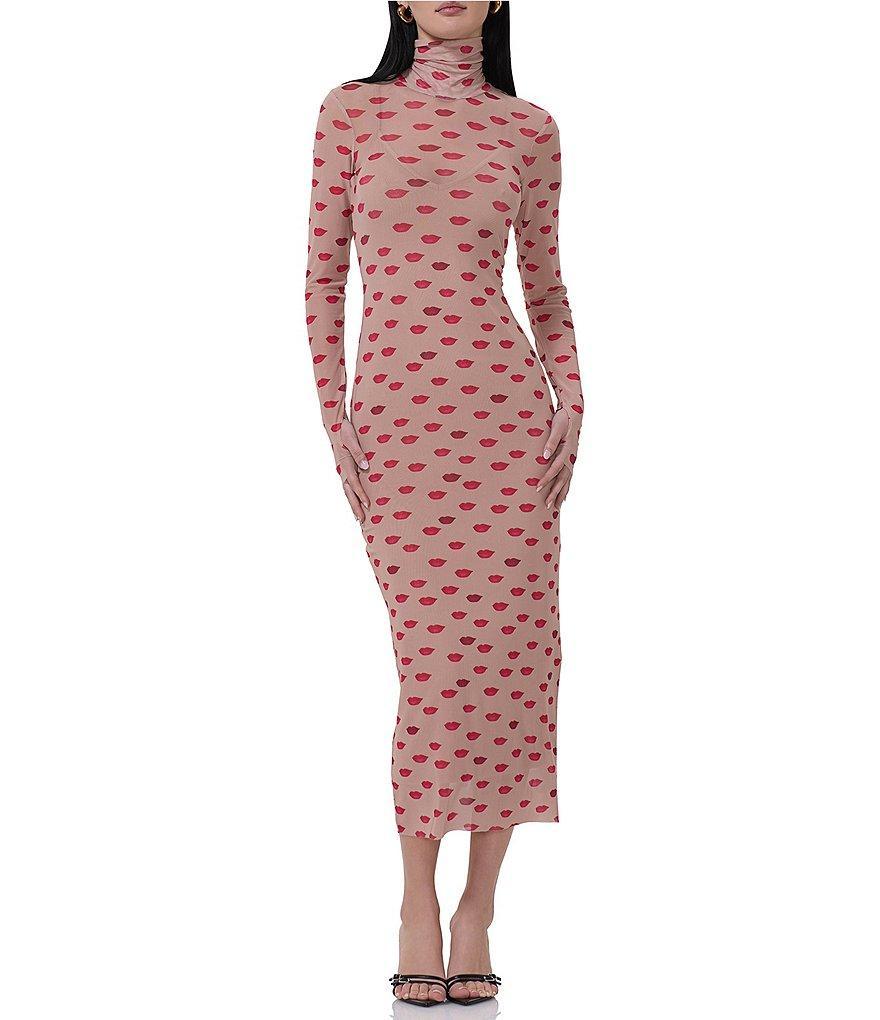 AFRM Shailene Mesh Novelty Kiss Print Turtleneck Long Sleeve Bodycon Dress Product Image