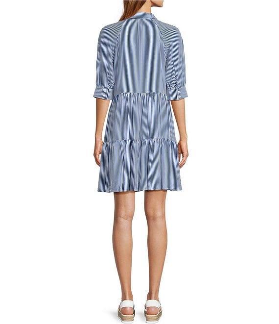A Loves A Striped Point Collar 3/4 Cuffed Sleeve Button Front Mini Shirt Dress Product Image