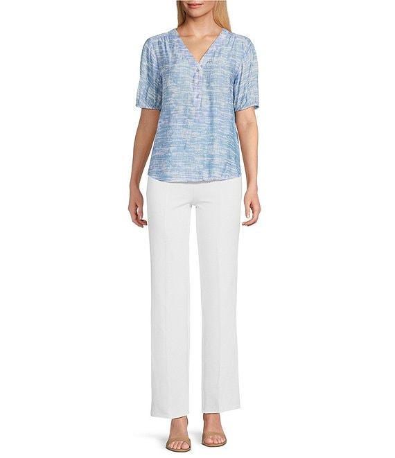Slim Factor By Investments Julia Forever Blue Vintage Texture Print V-Neck Short Sleeve Top Product Image