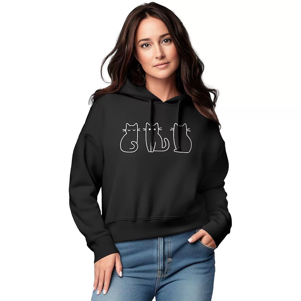 Women's Cat Outlines Graphic Cropped Hoodie, Size: Large, Black Product Image