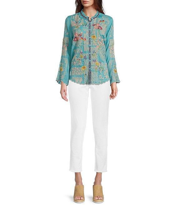 JOHNNY WAS Allbee Embroidered Floral Geometric Print Ruffle Banded Collar Long Sleeve Button Front Scallop Hem Blouse Product Image