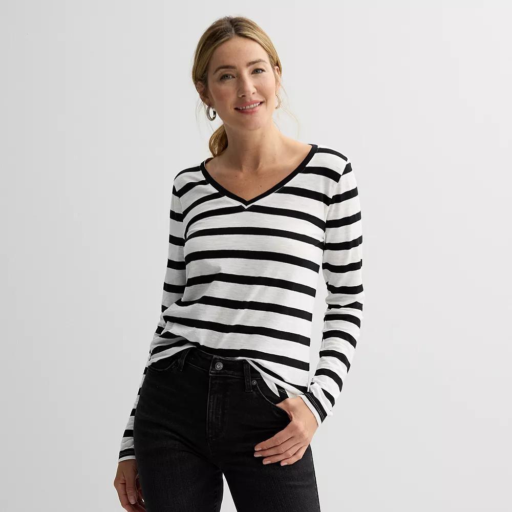Women's Sonoma Goods For Life® Everyday Long Sleeve V-Neck Tee, Size: Small, Black Ecru Stripe Product Image