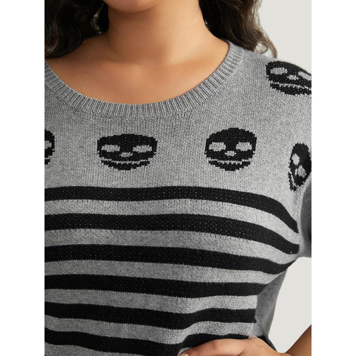 Plus Size Halloween Supersoft Essentials Skull Print Striped Round Neck Pullover DarkGray Women Casual Long Sleeve Round Neck Festival-Halloween Pullovers BloomChic 10/M Product Image