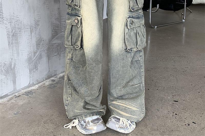 Mid Waist Washed Wide Leg Cargo Jeans Product Image