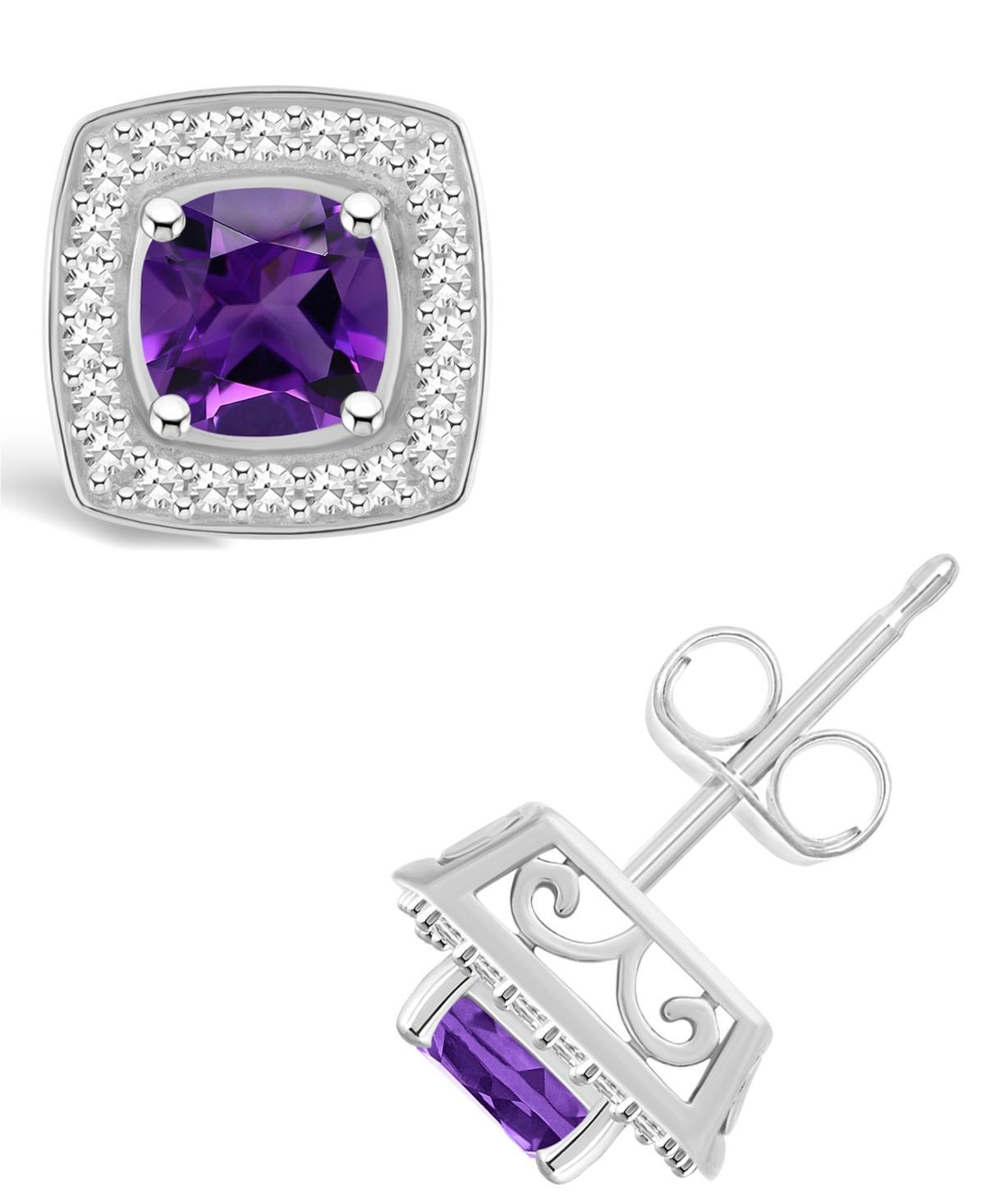 Celebration Gems Sterling Silver Cushion Gemstone & 1/5 Carat T.W. Diamond Halo Stud Earrings, Womens, Purple Product Image