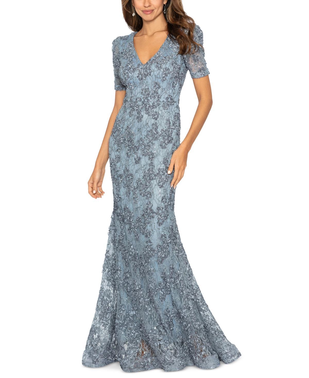 Xscape Womens Floral Soutache Sequin Puff-Sleeve Lace Gown Product Image
