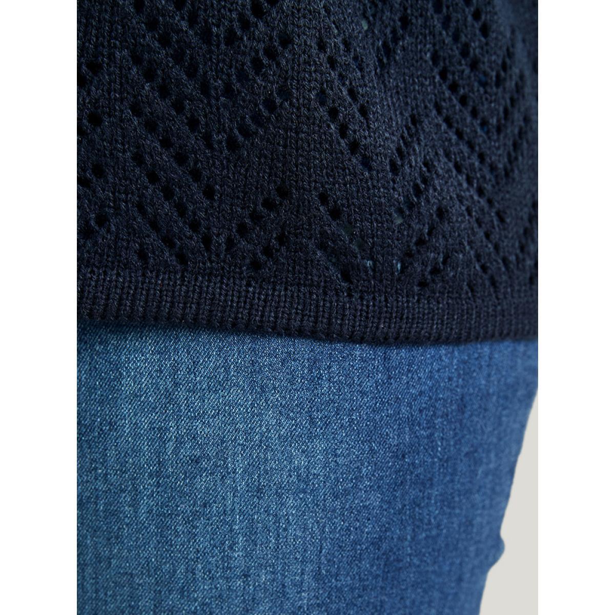Plus Size Geometric Pointelle Knit V Neck Eyelet Knit Top Indigo Women Casual Loose Long Sleeve V-neck Dailywear Pullovers BloomChic 18-20/2X Product Image