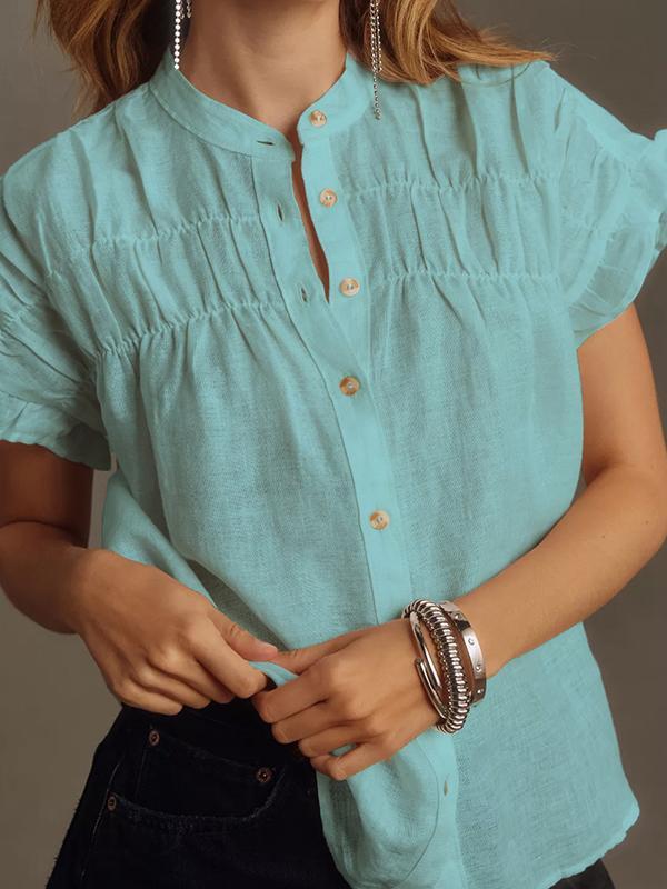 Loose Short Sleeves Pleated Ruffled See-Through Split-Joint Round-Neck Blouses&Shirts Tops Product Image